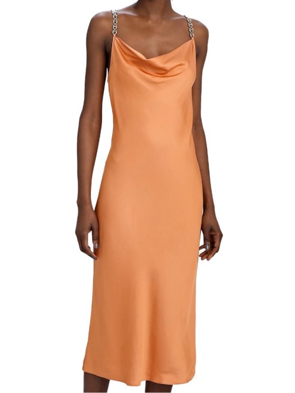 L'AGENCE Amina Cowl Neck Chain Dress in Soft Carmel Orange Gold Satin Midi
